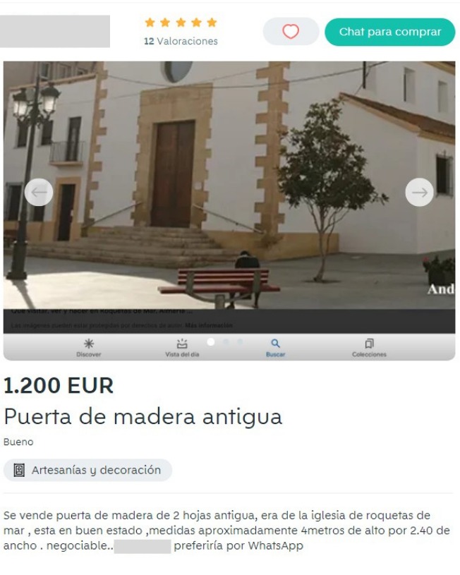 ROQUETAS.  El PSOE exige explicaciones tras encontrar un anuncio en Internet de venta de la antigua puerta de la iglesia de Nuestra Señora del Rosario