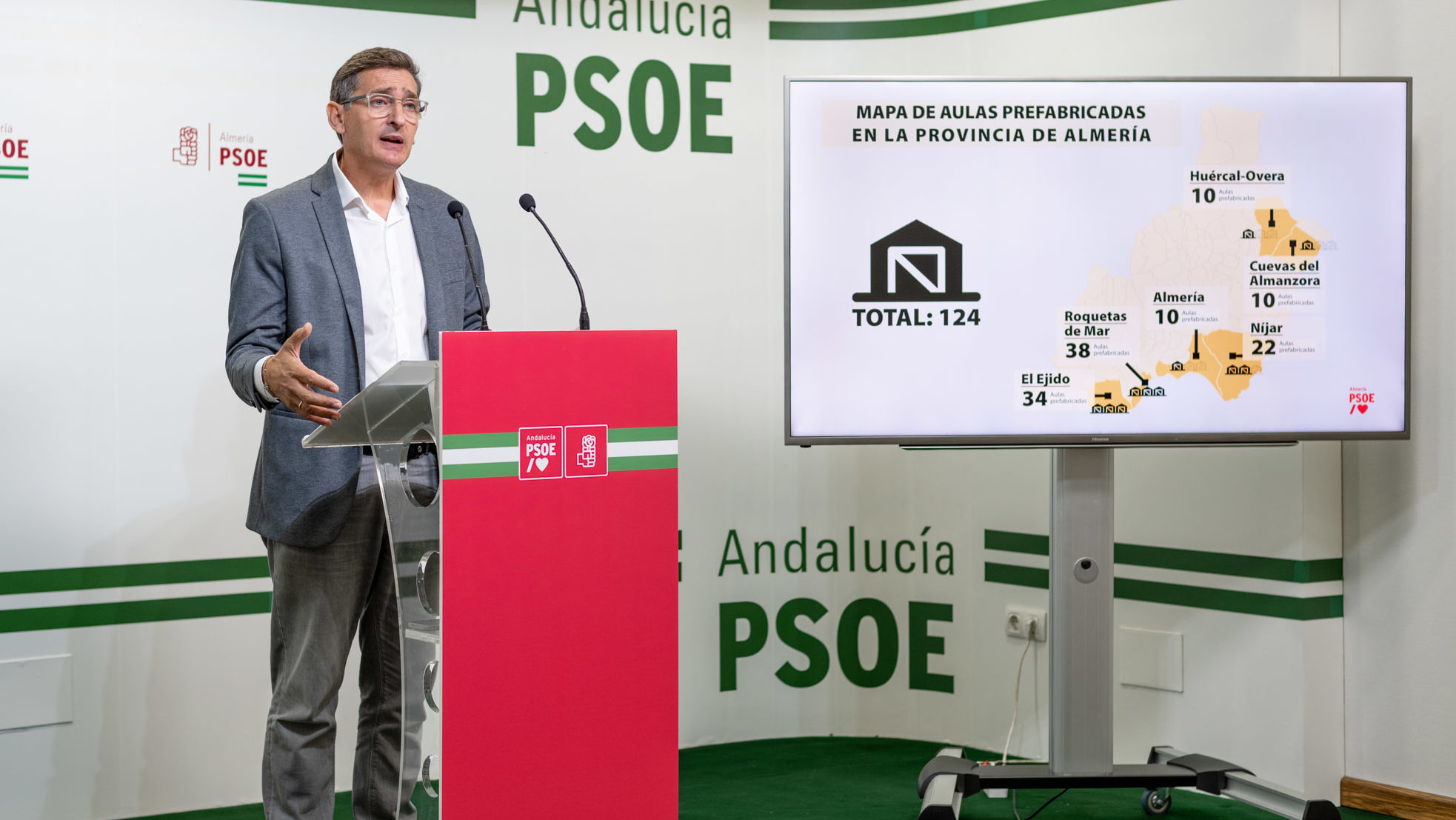 El PSOE presenta el mapa de las más de 120 aulas prefabricadas que mantiene Moreno Bonilla en la provincia